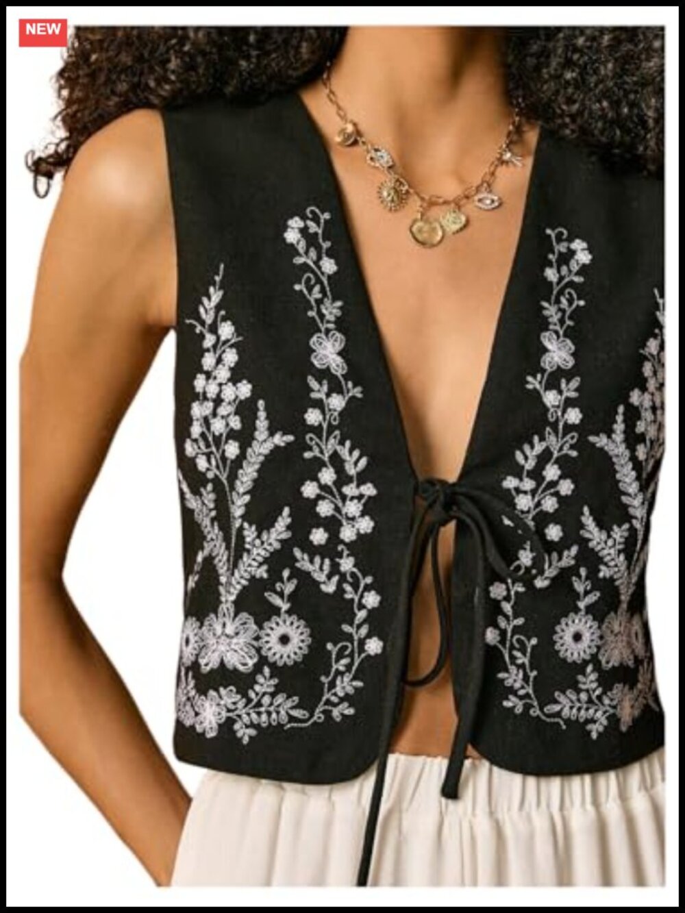Women's Embroidered Boho Crop Vest Top Sleeveless Tie Front Cowgirl Country